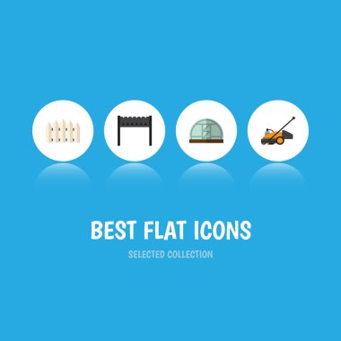 Düz simgesi kulübemde çim biçme, ahşap bariyer, Barbekü ve diğer vektör nesnelerini ayarlayın. Ayrıca Barbekü, çiftlik, sera öğeler içerir.