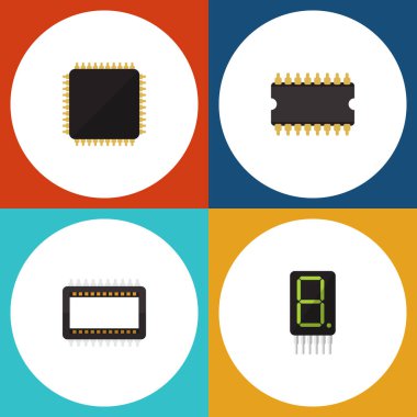 Düz simgesi cihaz kümesi anabilgisayar, görüntü, Cpu ve diğer vektör nesneleri. Ayrıca mikro işlemci, anakart, ekran öğeleri içerir.