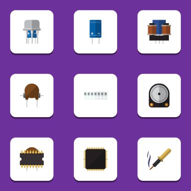 Düz simge elektronik Cpu, onarım, transistör ve diğer vektör nesneleri kümesi. Ayrıca triyot, sürücü, demir unsurları içerir.