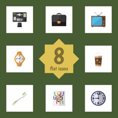 Düz simgesi Oneday kümesi büro, yönlendirici, televizyon ve diğer vektör nesneleri. Ayrıca makarna, Tv, diş unsurları içerir.