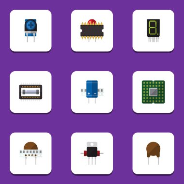 Düz simge teknoloji transistör, birim, ekran ve diğer vektör nesneleri kümesi. Ayrıca Fiildistor, hesap makinesi, dönüştürücü öğeleri içerir.