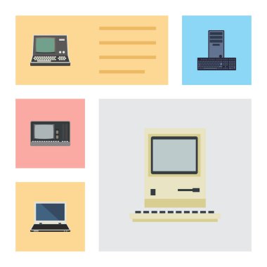 Düz simge bilgisayar seti Vintage donanım, işlemci, bilgisayar ve diğer vektör nesneleri. Ayrıca dizüstü, bilgisayar, Retro öğeler içerir.
