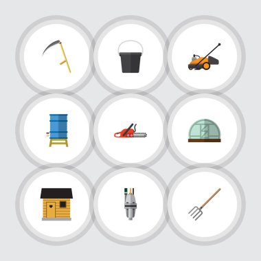 Düz simgesi çiftlik kümesi demir testeresi, sera, konteyner ve diğer vektör nesneleri. Ayrıca kesici, sera, kova öğeleri içerir.