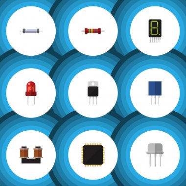 Düz simge elektronik kümesi bobin bakır, Cpu, alıcı ve diğer vektör nesneleri. Ayrıca Resist, anakart, dönüştürücü unsurları içerir.