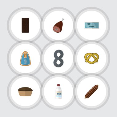 Tanımlama bilgisi, şişe, tütsülenmiş sosis ve diğer vektör nesneleri kümesi yemek düz simgesi. Ayrıca çikolata, lezzetli, sosis öğeleri içerir.