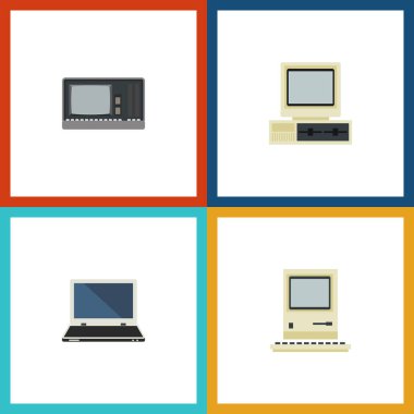 Düz simge Laptop seti, defter, bilgi işlem Vintage donanım ve diğer vektör nesneleri. Retro, Notebook, bilgisayar öğeleri de içerir.