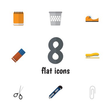 Düz simgesi araç kümesi Notepaper, raptiye sayfa, bıçak ve diğer vektör nesneleri. Blade, Not, kesme öğeleri de içerir.