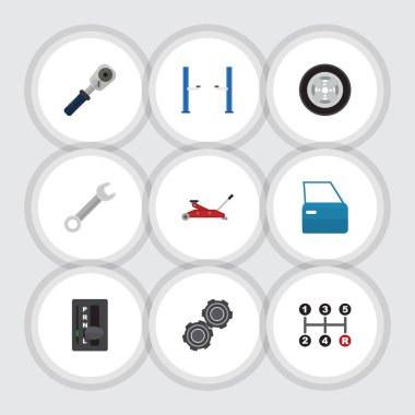 Düz simgesi servis seti Spanner, kemer, taşıma ve diğer vektör nesneleri. Ayrıca kasnak, anahtar, kapı elemanları içerir.