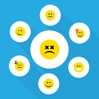 Düz simgesi ifade dizi şaşı yüz, gülümseme, memnun ve diğer vektör nesneleri. Gülmek, memnun, hafif öğeleri de içerir.