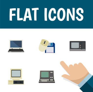 Bilgisayar Mouse, Vintage donanım, defter ve diğer vektör nesnelerini düz simge bilgisayar seti. Ayrıca Retro, bilgisayar, disket unsurları içerir.