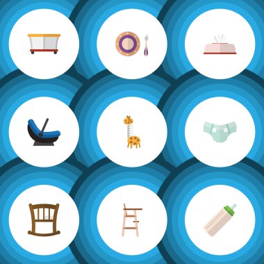 Doku, çocuk koltuğu, oyuncak ve diğer vektör nesnelerini düz simge çocuk seti. Ayrıca bebek bezi, çocuk parkı, doku öğeleri içerir.