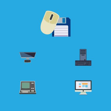 Düz simge bilgisayar kümesi işlemci, teknoloji, ekran ve diğer vektör nesneleri. Ayrıca klavye, Vintage, bilgisayar öğeleri içerir.