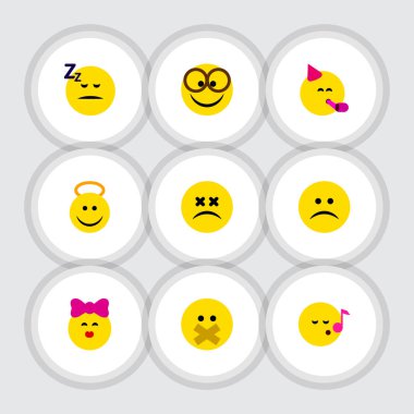 Düz simgesi ifade dizi Hush, parti zamanı ifade, üzgün ve diğer vektör nesneleri. Ayrıca kaşlarını, şarkı, parti öğeleri içerir.