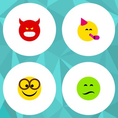 Düz simge kümesi Emoji kaşlarını, parti zamanı ifade, surat asmayı ve diğer vektör nesneleri. Ayrıca kaşlarını, hoş, kızgın öğeleri içerir.