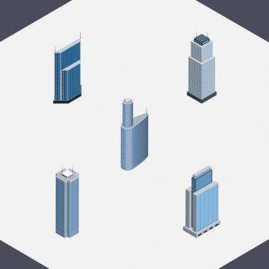 İzometrik bina gökdelen, kule, konut ve diğer vektör nesneleri kümesi. Ayrıca daire, Cityscape, iş öğeleri içerir.
