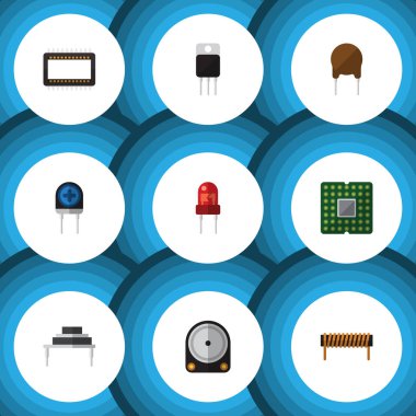 Düz simge elektronik anabilgisayar, bobin, dönüştürücü ve diğer vektör nesneleri kümesi. Ayrıca sürücü, Merkez, dönüştürücü öğeleri içerir.