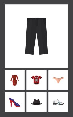 Topuklu ayakkabı, gömlek, pantolon ve diğer vektör nesnelerini düz simge kıyafet seti. Ayrıca iç çamaşırı, iç giyim, hazır giyim öğeleri içerir.