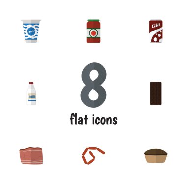 Düz simgesi Tart, şişe, yoğurt ve diğer vektör nesneleri kümesi yeme. Ayrıca şişe, pasta, sosis öğeleri içerir.