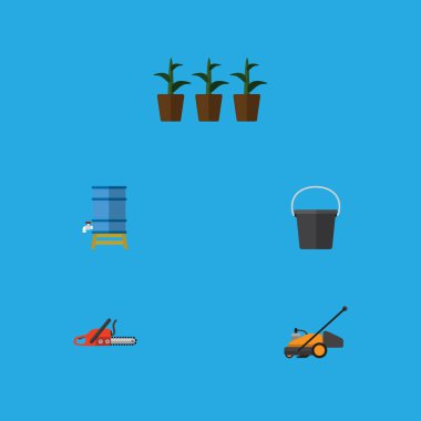 Çim biçme makinesi, saksı, demir testeresi ve diğer vektör nesnelerini düz simge çiftlik seti. Ayrıca demir testeresi, su, Tank unsurları içerir.