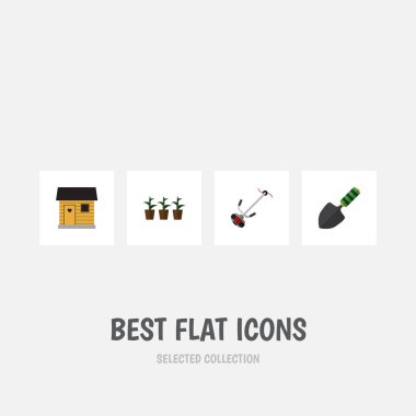 Düz simgesi çiftlik kümesi çim-kesici, saksı, ahır ve diğer vektör nesneleri. Çim, kürek, botanik öğeleri de içerir.