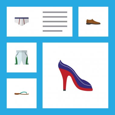 Düz simgesi giysi kümesi erkek Footware, mayo kumaş, topuklu ayakkabı ve diğer vektör nesneleri. Ayrıca bez, külot, topuklu öğeleri içerir.