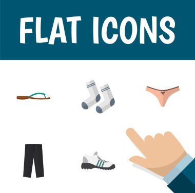 Düz simgesi hazır giyim iç çamaşırı, ayak Tekstil, plaj sandalet vektör nesneleri kümesi. Ayrıca tozluk, Flip, spor ayakkabı öğeleri içerir.