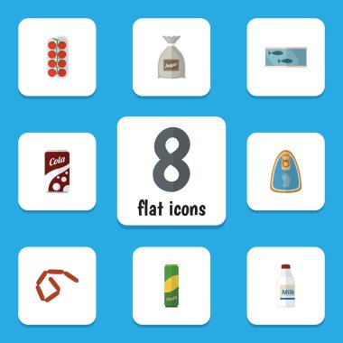 Gazlı içecek, domates, spagetti ve diğer vektör nesneleri kümesi yemek düz simgesi. Ayrıca gazlı, içerir şişe, aşk öğeleri.