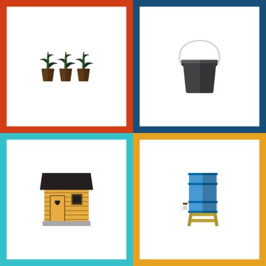 Düz kutsal kişilerin resmi Bahçe kova, otlak, konteyner ve diğer vektör nesneleri kümesi. Ayrıca öğeleri Stabling Tank, bitki, içerir.