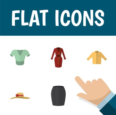 Casual, kıyafetler, şık şapkalar ve diğer vektör nesnelerini düz simge giysi seti. Ayrıca giyim ve Banyan, Giysi unsurları içerir.