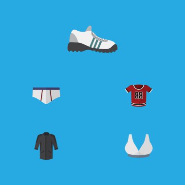 Düz simgesi elbise T-Shirt, çamaşır grupları, Brasserie ve diğer vektör nesneleri kümesi. Kimono, Ayakkabı, külot öğeleri de içerir.