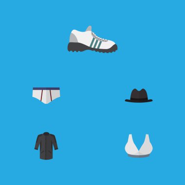 Düz simgesi elbise kümesi Brasserie, üniforma, spor ayakkabıları ve diğer vektör nesneleri. Ayrıca ayakkabı, çamaşır grupları, Panama öğeleri içerir.