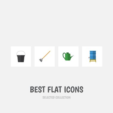 Düz simgesi kulübemde aracı, konteyner, Bauer ve diğer vektör nesneleri kümesi. Ayrıca kapsayıcı, sulama, Bahçe öğeler içerir.