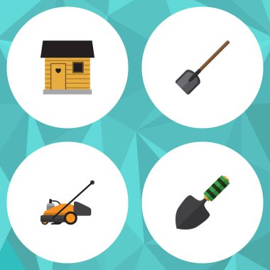 Düz simgesi kulübemde kümesi otlak, mala, çim biçme makinesi ve diğer vektör nesneleri. Ayrıca biçme, çim, Spade unsurları içerir.