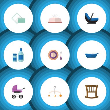 Bebek plaka, çocuk arabası, doku ve diğer vektör nesnelerini düz simgesi bebek kümesi. Ayrıca içerir beşik, krem, mobil öğeleri.