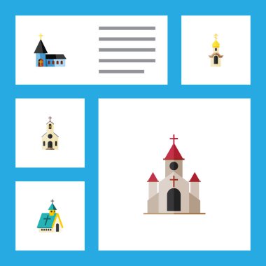 Düz simgesi bina inşaat, Mimarlık, yapısı ve diğer vektör nesneleri kümesi. Ayrıca Hıristiyan, kilise, dini öğeleri içerir.