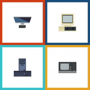 Düz simgesi dizüstü bilgisayar kümesi Vintage donanım, işlemci, bilgisayar ve diğer vektör nesneleri. Ayrıca klavye, Retro, bilgisayar öğeleri içerir.