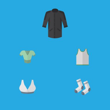 Düz simgesi giysi kümesi Singlet, ayak Tekstil, üniforma ve diğer vektör nesneleri. Ayrıca çorap, giyim, ayak unsurları içerir.