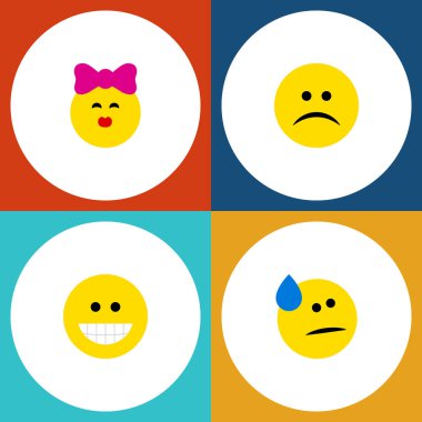 Düz simgesi ifade kümesi gözyaşları, üzgün, okşa ve diğer vektör nesneleri. Ayrıca gülmek, gülümsemek, Emoji unsurları içerir.