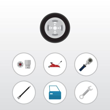 Düz simgesi hizmet kümesi Turnscrew, otomobil parça, lastik ve diğer vektör nesneleri. Jack, Coupler, kapı öğeleri de içerir.