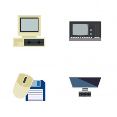 Düz simge bilgisayar seti, bilgisayar, bilgisayar fare, Vintage donanım ve diğer vektör nesneleri. Ayrıca Retro, Vintage, bilgisayar öğeleri içerir.