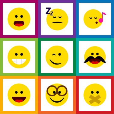 Göz kırpıyor, Descant ve diğer vektör nesnelerini düz simgesi yüz kümesi neşeli. Gülüşü, şarkı, gülümseme öğeleri de içerir.