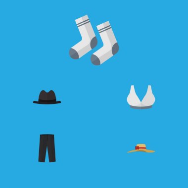 Düz simgesi elbise kümesi ayak Tekstil, pantolon, Panama ve diğer vektör nesneleri. Panama, şapka, çorap öğeleri de içerir.