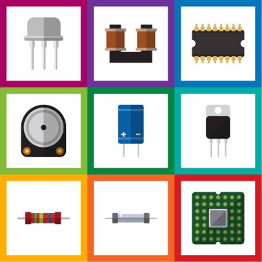 Transistör, birim, Hdd ve diğer vektör nesnelerini düz simge cihaz seti. Ayrıca sürücü, Fiildistor, Set unsurları içerir.