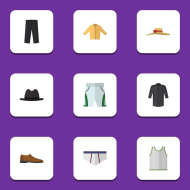 Düz simge giysi seti üniforması, erkek Footware, mayo kumaş ve diğer vektör nesneleri. Ayrıca bilgiler, Kimono, pantolon unsurları içerir.