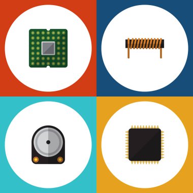 Düz simge elektronik bobin, Cpu, Hdd ve diğer vektör nesneleri kümesi. Ayrıca anakart, bobin, Cpu öğeleri içerir.