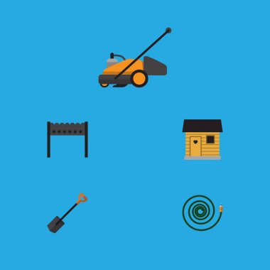 Düz simgesi çiftlik kümesi otlak, çim biçme makinesi, kürek ve diğer vektör nesneleri. Ayrıca mangal, Hosepipe, hortum unsurları içerir.