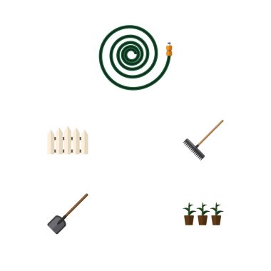 Düz simge çiftlik seti ahşap bariyer, Harrow, Hosepipe ve diğer vektör nesneleri. Ayrıca çit, saksı, hortum unsurları içerir.