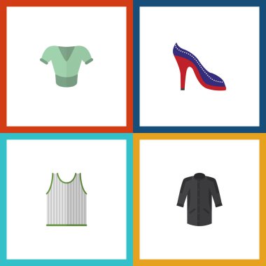 Düz simgesi elbise kümesi üniforma, Singlet, topuklu ayakkabı ve diğer vektör nesneleri. Ayrıca Tank, giyim, Ayakkabı unsurları içerir.