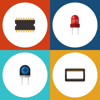 Düz simge elektronik dönüştürücü, anabilgisayar, mikroişlemci ve diğer vektör nesneleri kümesi. Ayrıca dönüştürücü, anabilgisayar, transistör öğeleri içerir.