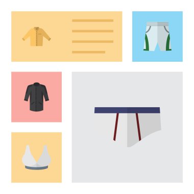 Düz simgesi elbise kümesi üniforma, Brasserie, mayo kumaş ve diğer vektör nesneleri. Sutyen, bez, spor öğeleri de içerir.